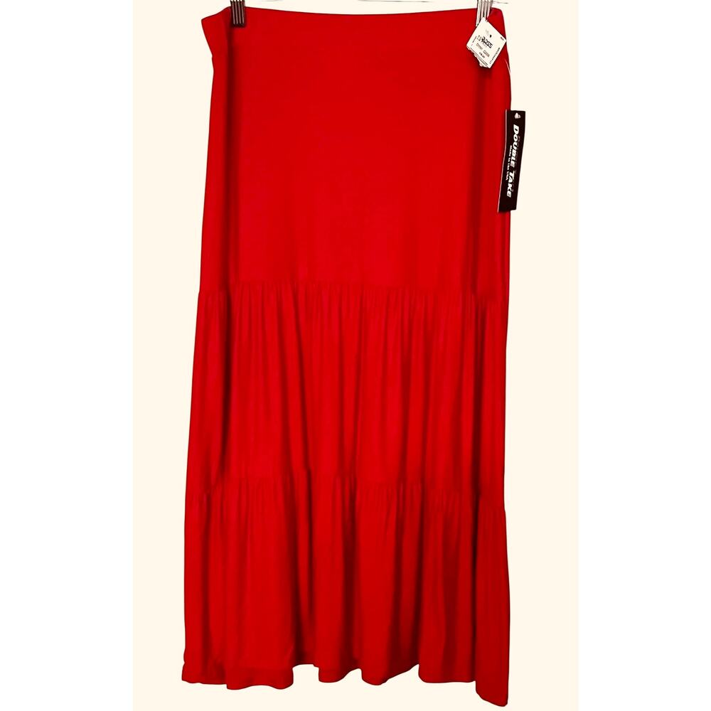DOUBLE TAKE LAYERED-GATHERINGS MAXI SKIRT, WOMENS, XL, RED, ELASTICIZED WAIST